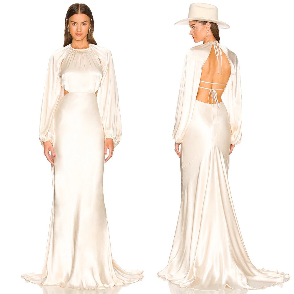 Shona Joy La Lune Balloon Sleeve Open Back Maxi Dress Long Sleeve Gown 6